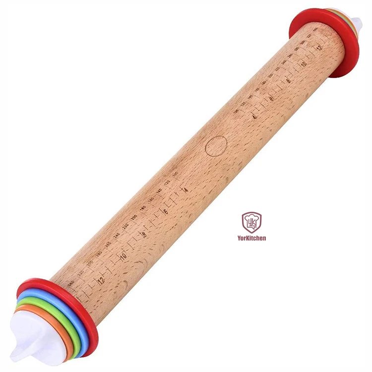 

Adjustable Wood Rolling Pin with Multicolored Removable Rings Classic for Baking Dough Pizza