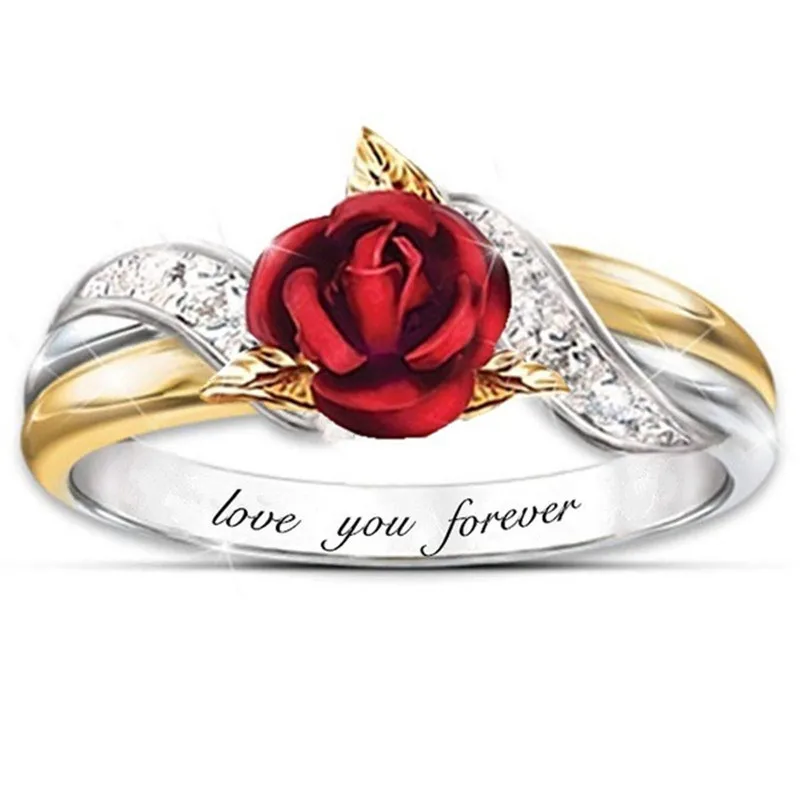 

New Design Gold Red Rose Zircon love you forever Gold Ring for Women Gift