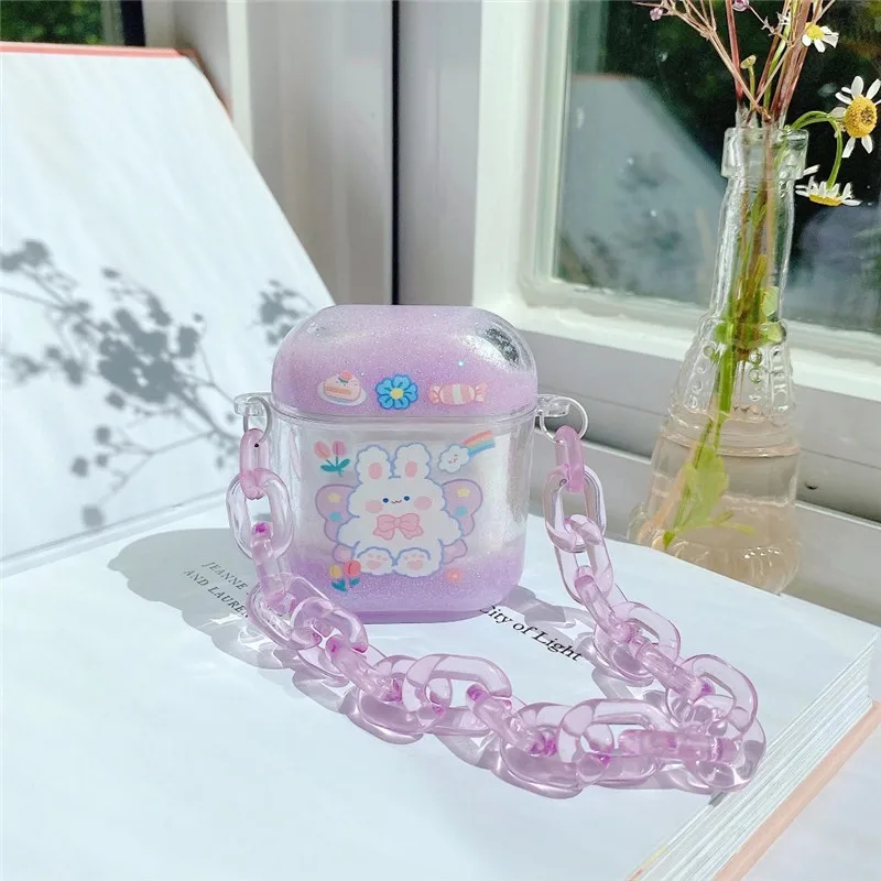 

Carry Handheld Bunny Case For Airpods 2 1 Bling Quicksand Liquid Sparkly Strap Chain Cover, Colorful