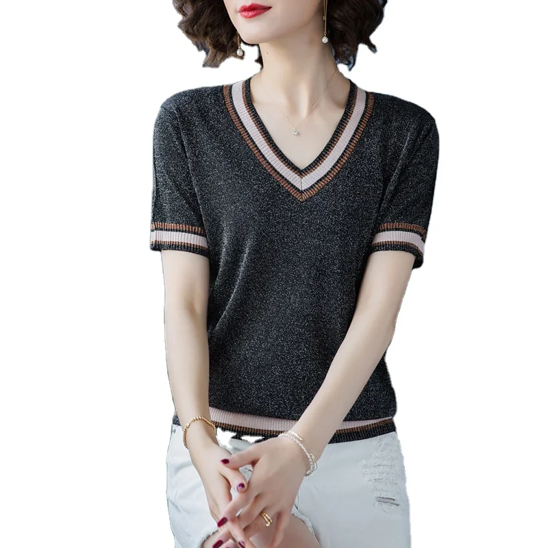 

New arrival ladies summer v neck short sleeve with stripe loose fit plus size knit pullover sweater, Black,red,white,apricot,sky blue,