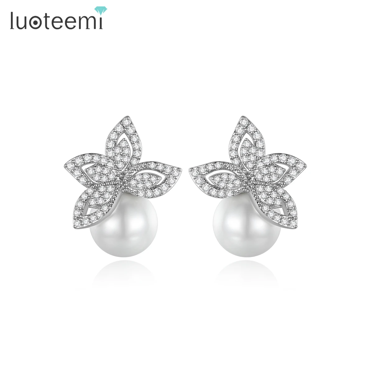 

LUOTEEMI Wholesale Free Shipping Hot sale Women Luxury Clear Cubic Zircon Paved Wedding Pearl Earrings For Brides