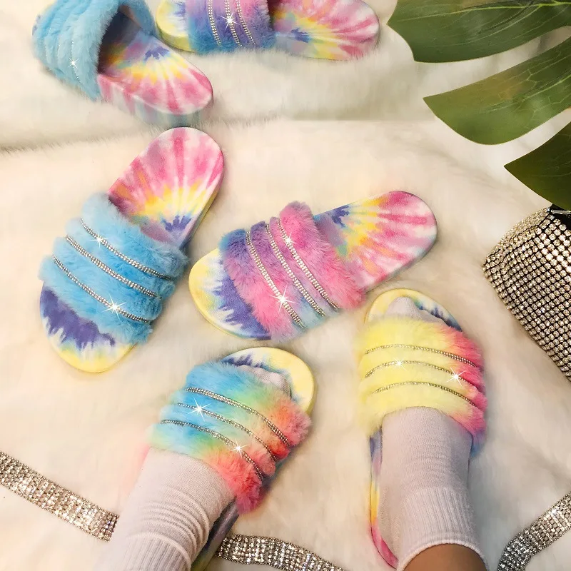

2022 Trend Colorful Rhinestone Design Girls Soft Faux Fur Slippers Fashion Outdoor Slides for Women Lady, Color matching