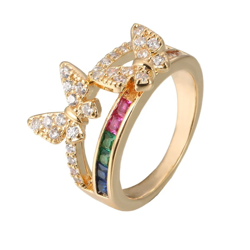 

18k Gold Plated Full Colorful Rainbow Zircon Rings CZ Butterfly Finger Rings for women