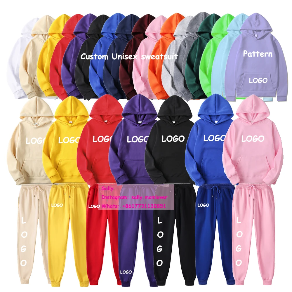 

Custom Sweatsuit With Logo Plain Unisex Sweat Suit Workout Hooded Tracksuit Fall 2 Piece Set Women Men Hood Jogger Sweatsuit Set