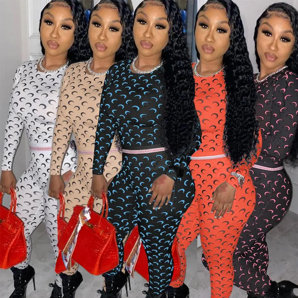 

Fashion Best Hot Sale Moon Print Outfits Long sleeve pattern printed casual bodycon Womens 2 pieces set, Picture color