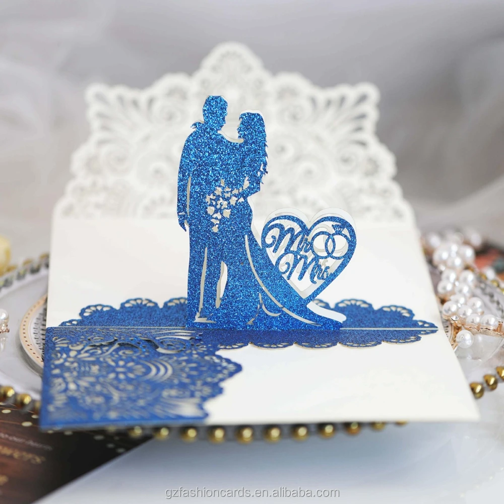 

3D Laser Cut Glitter Paper Card Heart Hollow Design Bride and Bridegroom Tri-fold Wedding Invitation Cards