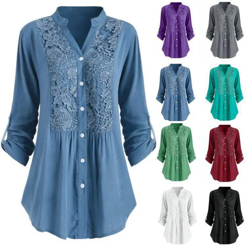 

Long-Sleeved v-Neck Shirt Amazon Blasted Large Size Lace Shirt Women Casual Plus Size Crop Blouse, Black,blue