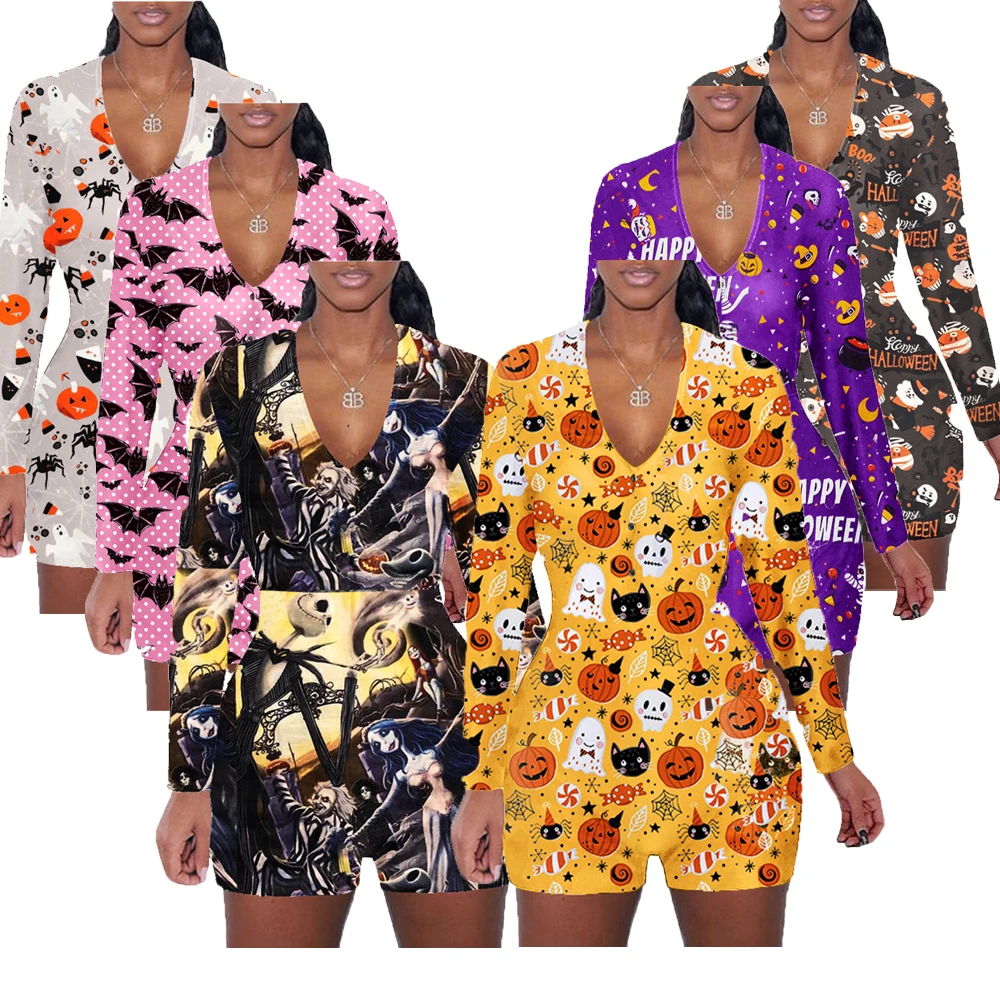 

Wholesale Printed long sleeve shorts home pajama romper plus size women's sleepwear mujeres pijamas woman Halloween Sleepwear