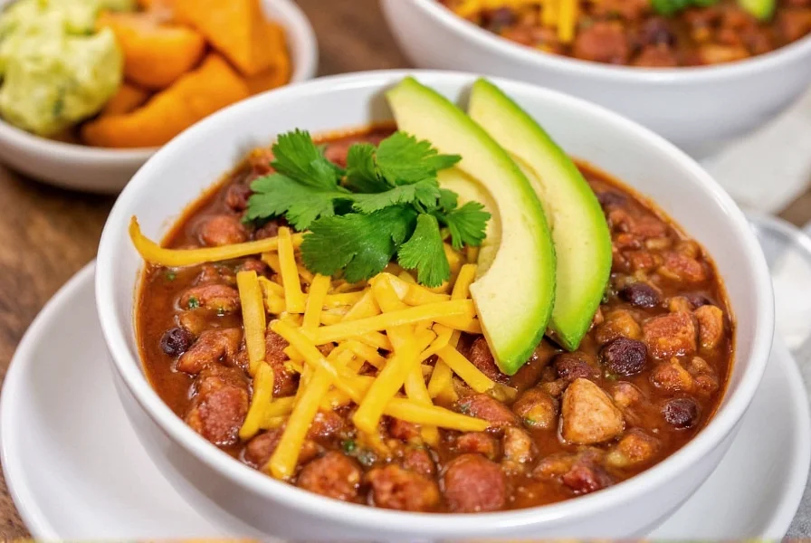 Finished bowl of instant pot turkey chili with various toppings including cheese, avocado, and cilantro