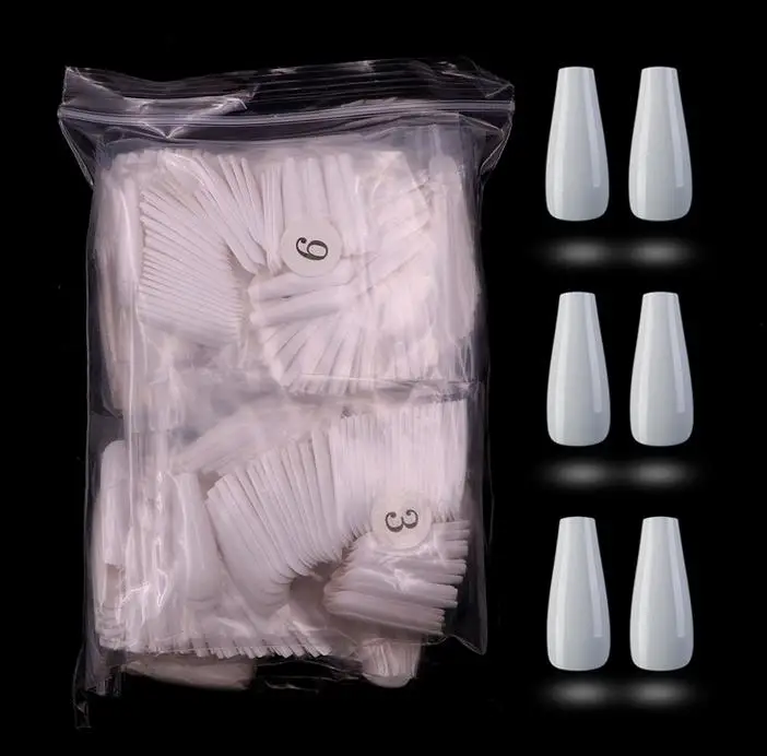 

500Pcs White Long Ballerina Nail Tips Full Cover Acrylic False Nails 10 Size, White color