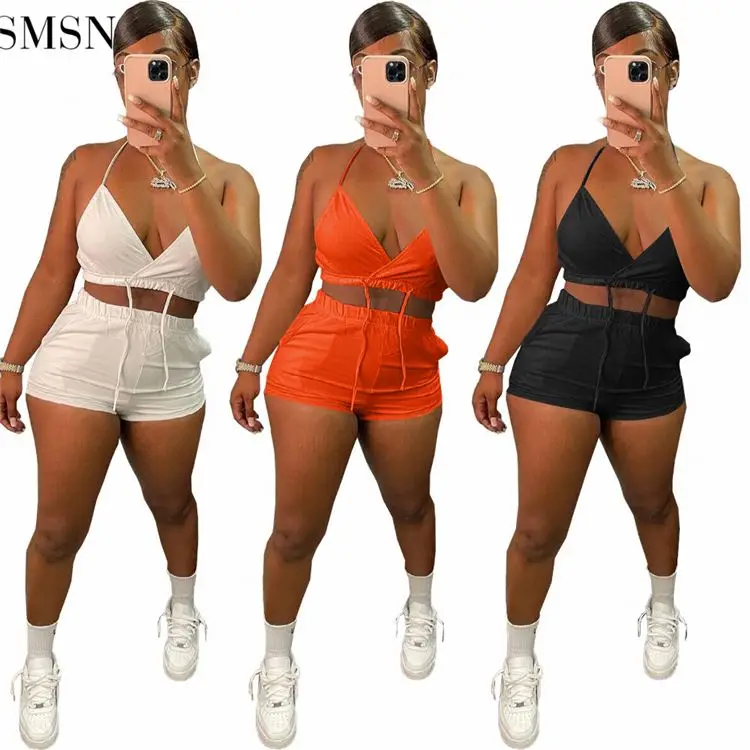 

MOEN Fashionable Summer Women Outfits 2 Piece Set Sexy Sling Bra Solid Color Sports Casual Two Piece Set Shorts
