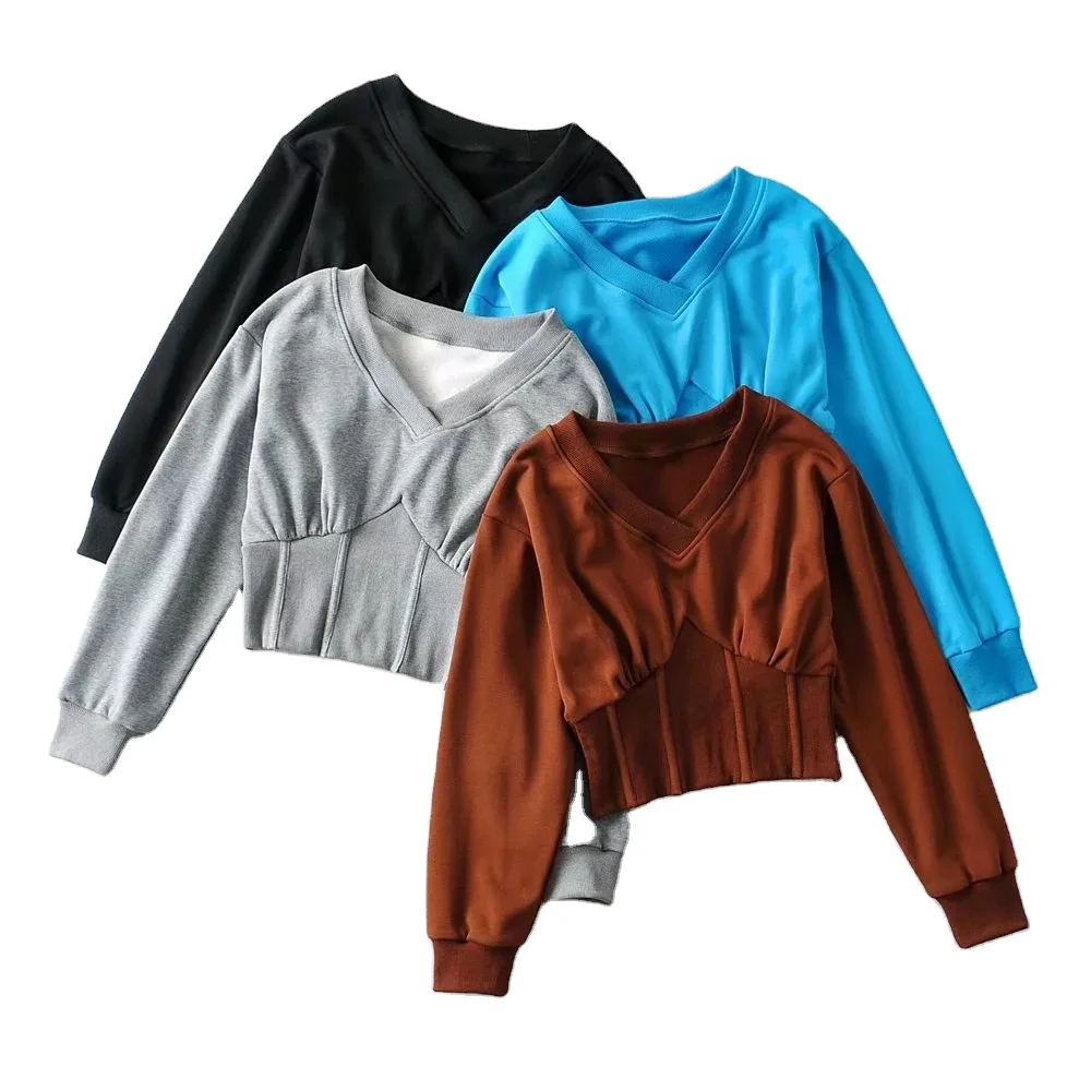 

High quality women's long sleeve crop top v-neck waist sweatshirts pullover female hoodie, Picture shows