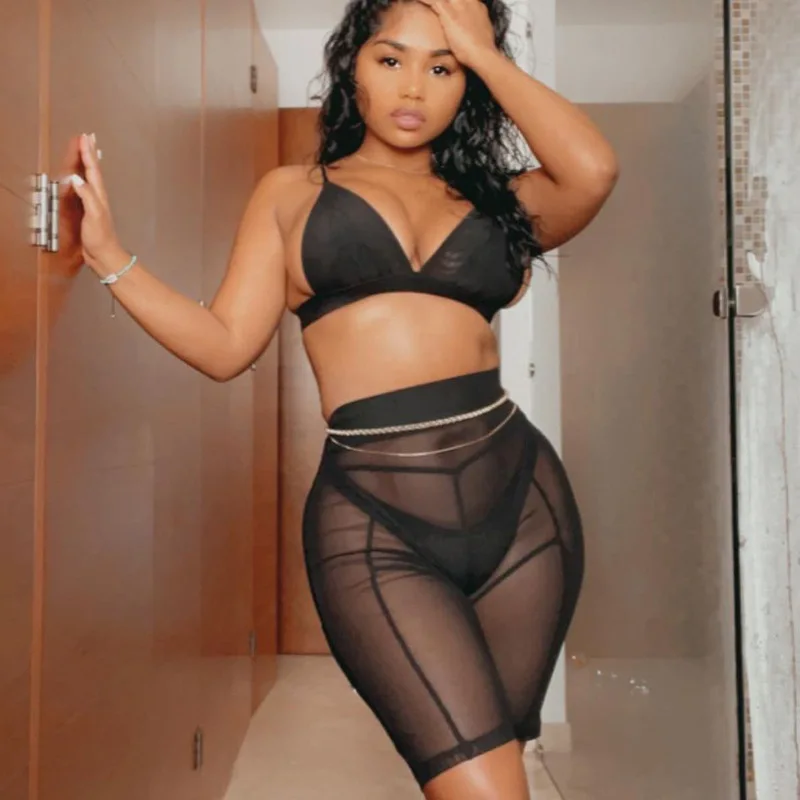 

New sexy sling bra hollow high waist reverse shorts mesh two piece short sets for women