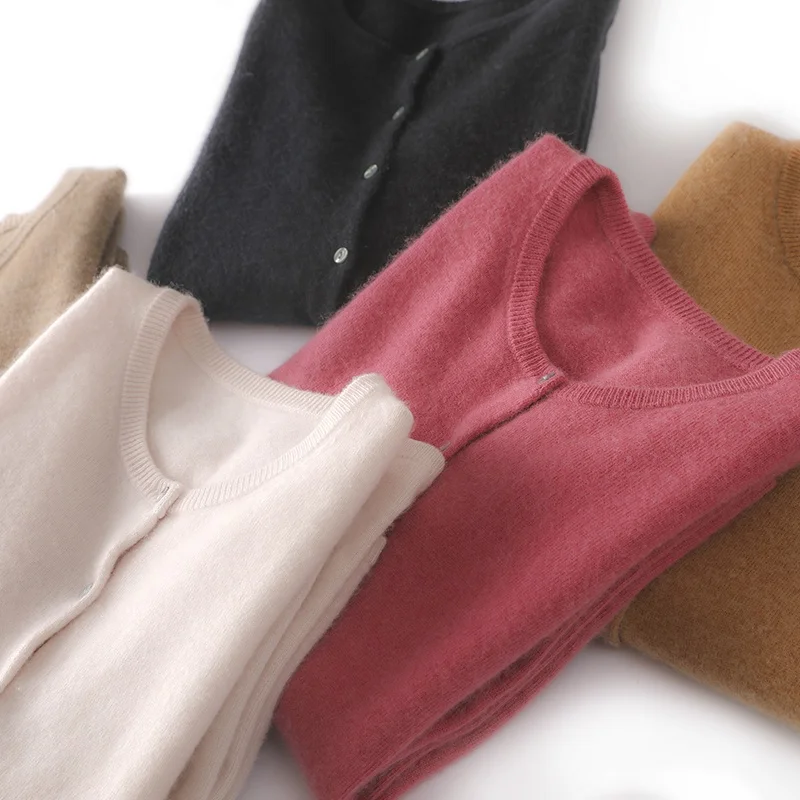 

2021 Fall Women Cashmere Cardigan 6 Colors Fall Women Crew Neck Outwear Knit Button Cardigan