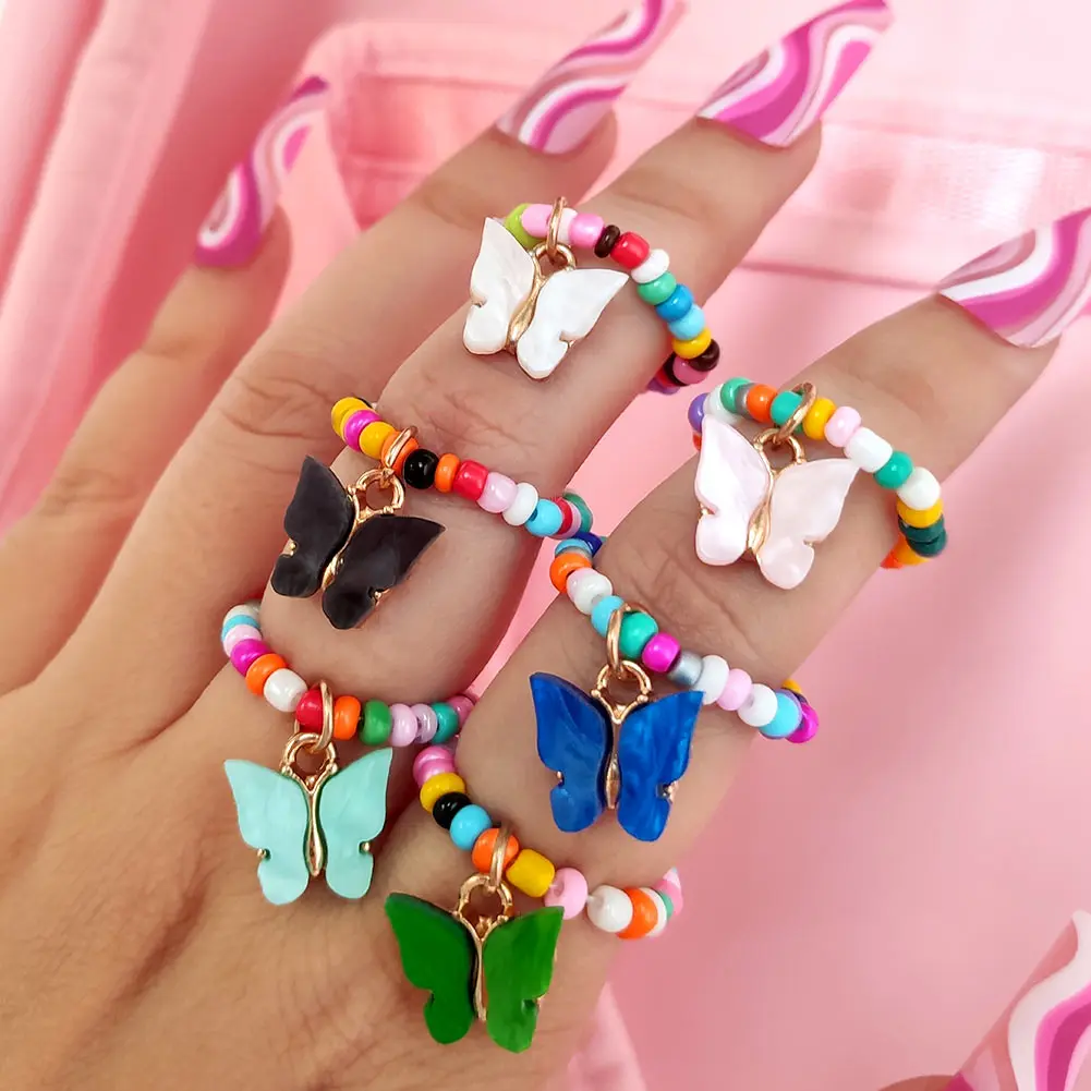 

Wholesale Korea Cute Colorful Acrylic Butterfly Ring Handmade Elastic Resizable Rings For Women Adjustable Chain Jewelry, Mixed color