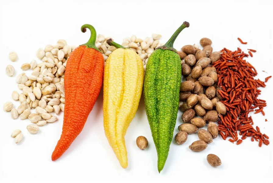 Alligator pepper seeds next to common kitchen spices showing size comparison and color differences