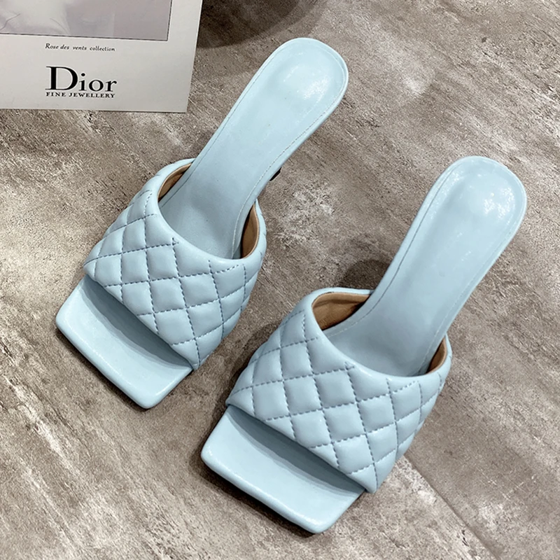 

Summer Sexy PU Diamond Square Head Women Fashion Trend Slippers Heeled Sandals Slides High Heels Outside Mules Party Shoes 35-42, Black blue white brown