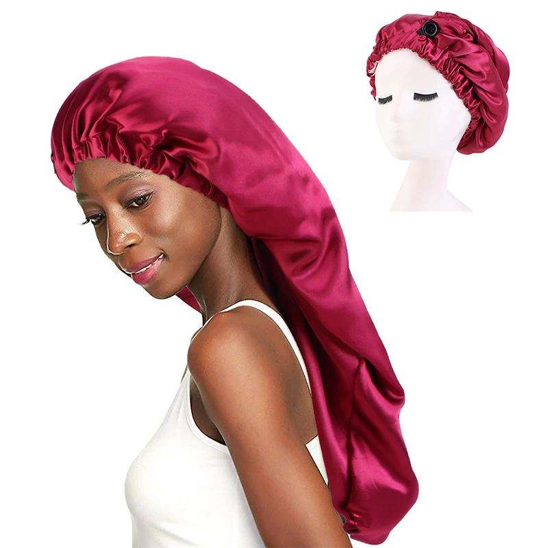 

Plain Color Double Layer Satin Long Designer Bonnets With Snap Braid Bonnet For long Hair Dreadlock