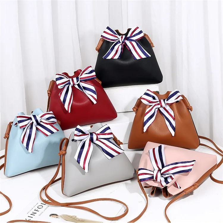 

Personality custom crossbody bag with bowknot ribbon women leather bucket bag