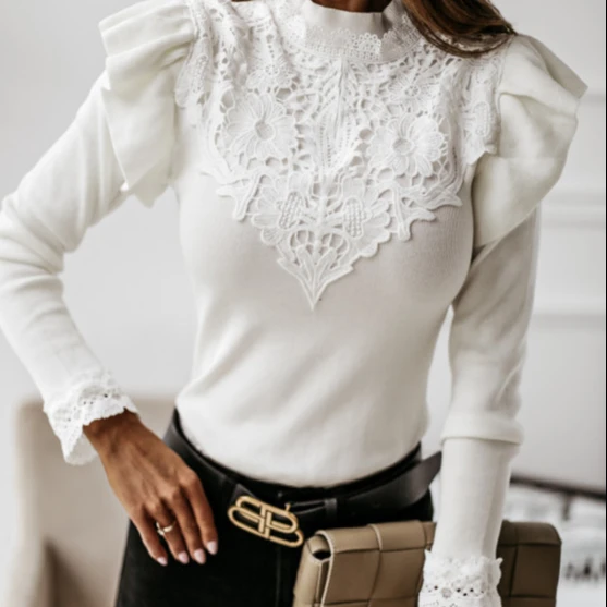 

Explosive Style Autumn And Winter Long-sleeved Round Neck Lace Decorative Solid Color Bottoming Shirt, Picture color