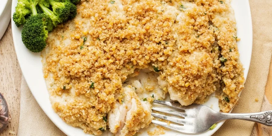 Beautifully plated crusted tilapia with fresh herbs and lemon wedges