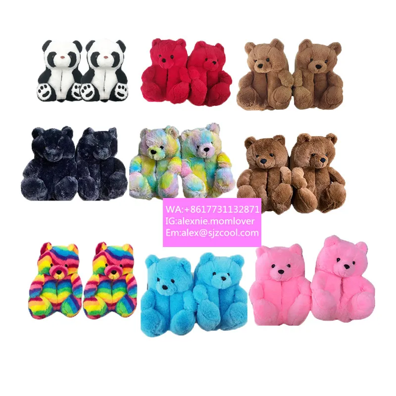 

red blue pink teddy bear shoes Plush fur Teddy bear slippers animal 2021 New women teddy bear slippers