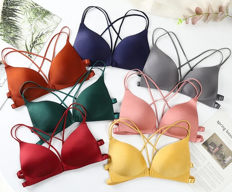 

2254 Wholesale Sexy Lingerie hot girl back cross bra underwear seamless wireless Front Closure bra, 7 colors:pink, yellow, orange, gray, green, red, blue