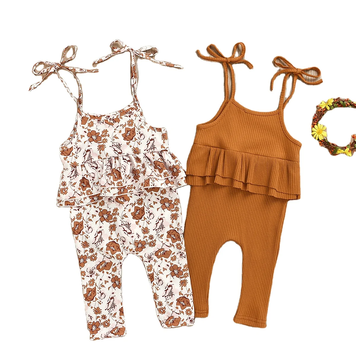 

Custom OEM ODM Newborn Infant Toddler Girls Sleeveless Strap Ribbed Cotton Jumpsuit Baby Ruffle Romper Wholesale, Photo showed and customized color