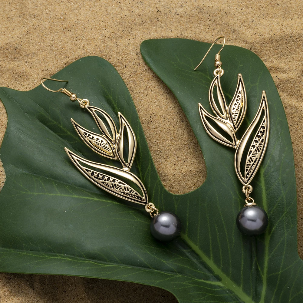 

Cring CoCo Vintage Enamel Large Dangle Black pearl Dropship polynesian Jewelry wholesale Flower Hawaiian Earring, 14k gold plated