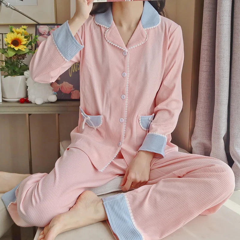 

Knit Loungewear 2 Piece Nightwear Women Winter Long Sleeve Pajama Cotton Pyjama Set Pijama Femme Plain Sleepwear Nighty For Lady