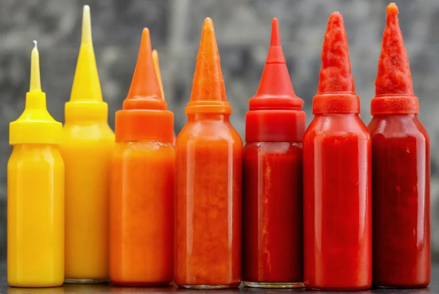 Side-by-side comparison of different hot sauce bottles showing color variations from yellow to deep red