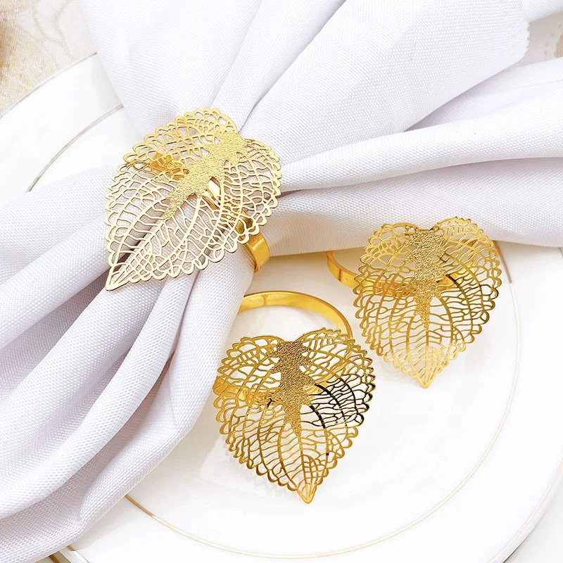 

2022 In Stock Hollow Gold Leaf Style Metal Napkin Rings for Summer Beach Bohemian Wedding Table Setting Table Cloth Holder