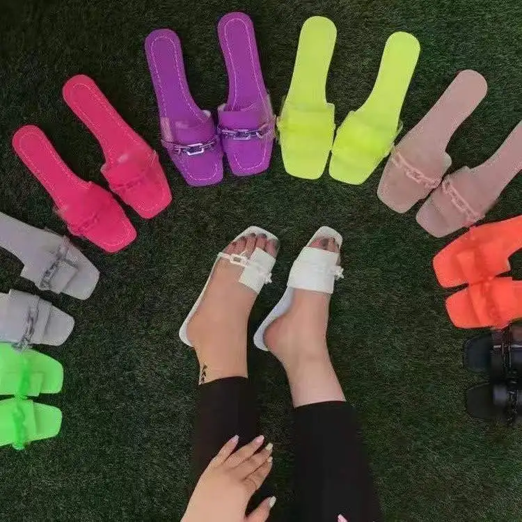 

Fashion Trend Candy Colors Flat Beach Slides Slippers Chain Deco Sandals Women Flat Slippers, Black,yellow,white,purple,nude,pink,rose red,orange