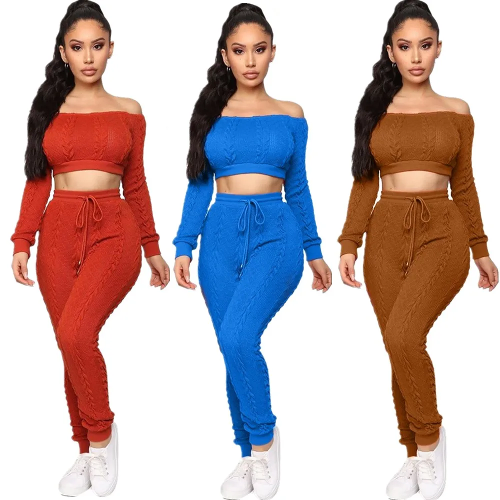 

FM-J1604 Sexy Crop Top Sweaters Waist-Revealing Circular Neck long Women Ladies Sweaters Two Piece Set Women Clothing, As pictures