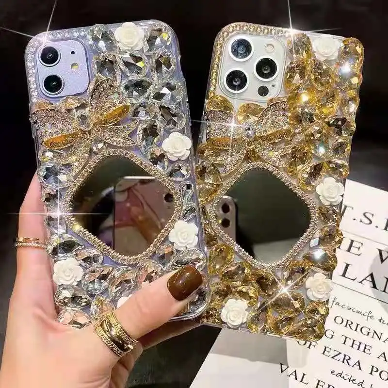 

Creative rhinestone mirror for iPhone12 Promax mobile phone case for rose protective case women, Multicolor