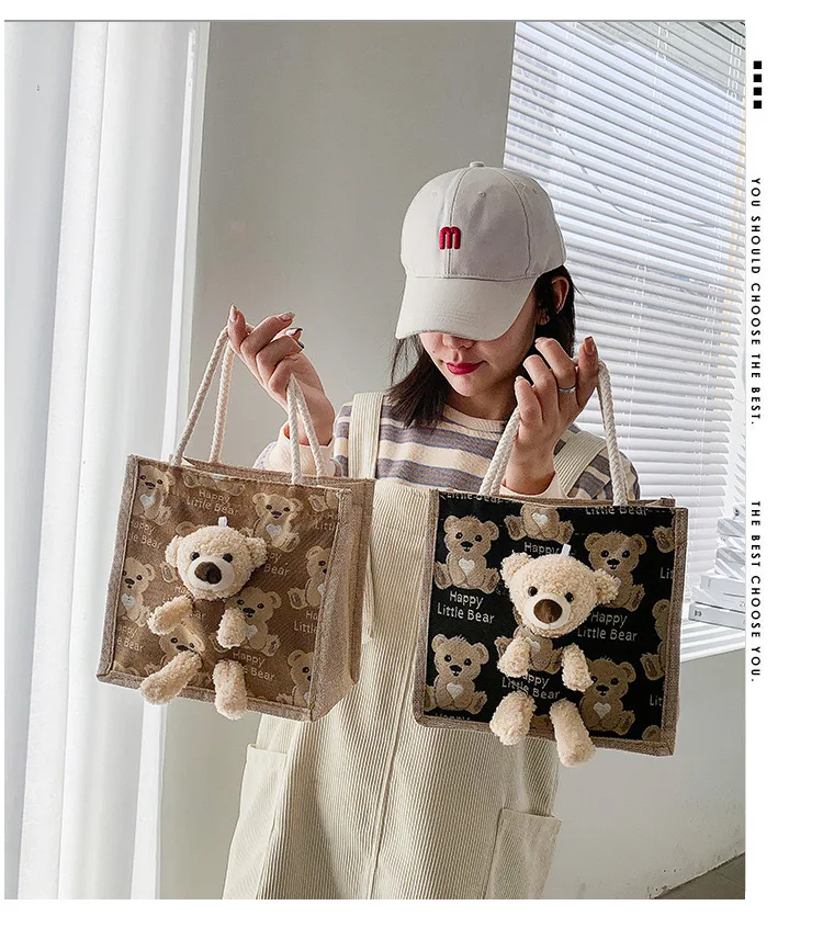 

2021 New Bear Canvas Bag Womens Bag Single Shoulder Handbag Lunch Bag Simple Large Capacity Handbags