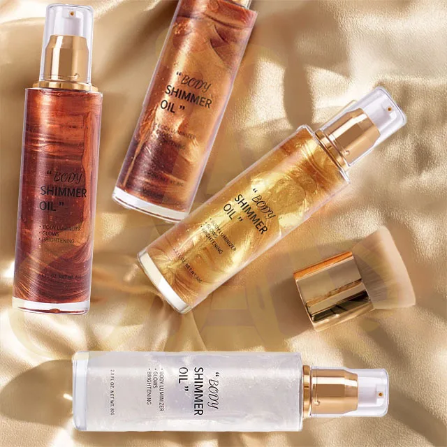 

Private Label Shimmer Oil Glow Highlighter Body Glitter Highlighter Tanning Body Shimmer Oil Spray, Pearl white, rose gold, bronze gold, golden brown