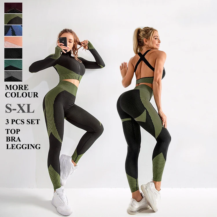 

2020 fall new arrival 3 pcs Long Sleeves jacket with zipper yoga Sets Workout sports Wear