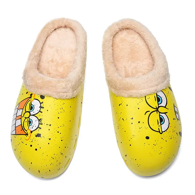 

Moyo Waterproof Closed Toe Printing Garden Clogs Spongebob and fleece slippers Winter Warm Men's Fur Slippers