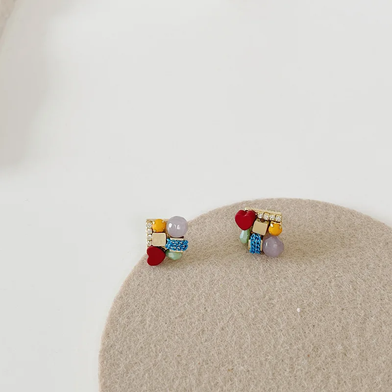 

New Fashion Colorful Mixed Love Heart Resin Earrings Candy Crystal Square Earrings for Women Cute 18K Gold Plated Korean Jewelry