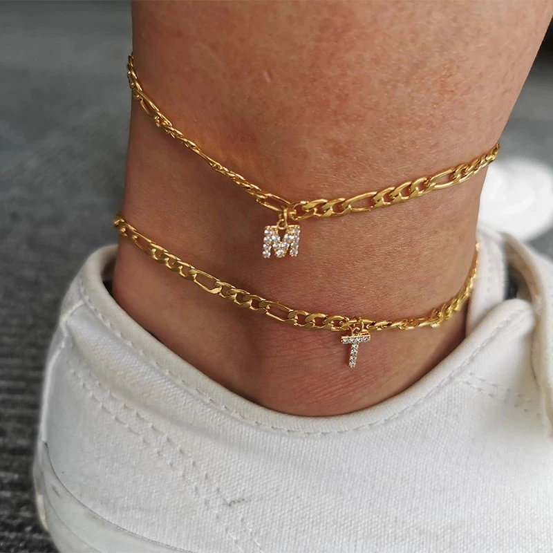 

2021 Summer Zircon A-Z Letter Anklets Stainless Steel Gold Alphabet Cuban Link Initial Anklet for Women
