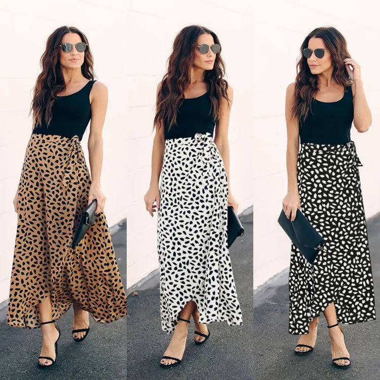 

Hot selling ladies summer elegant leopard polka dot print wrap skirt maxi dresses women's high waist split a-line skirts L583, As picture showed