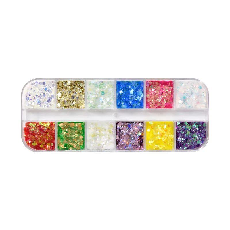 

12 grid boxed fairy pupil nail nail glitter gradient color sequins fairy eye makeup glitter, Multicolor