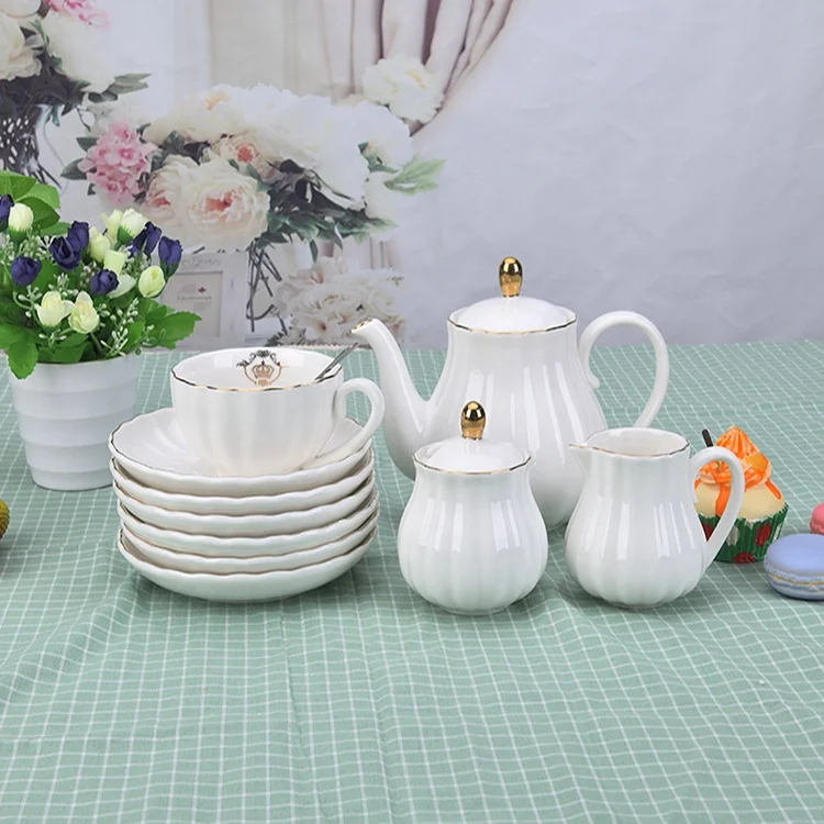 

New Bone China gold line luxury pure white tea sets 15pcs 6oz Coffee Cup and Saucer with teapot creamer sugar Jug