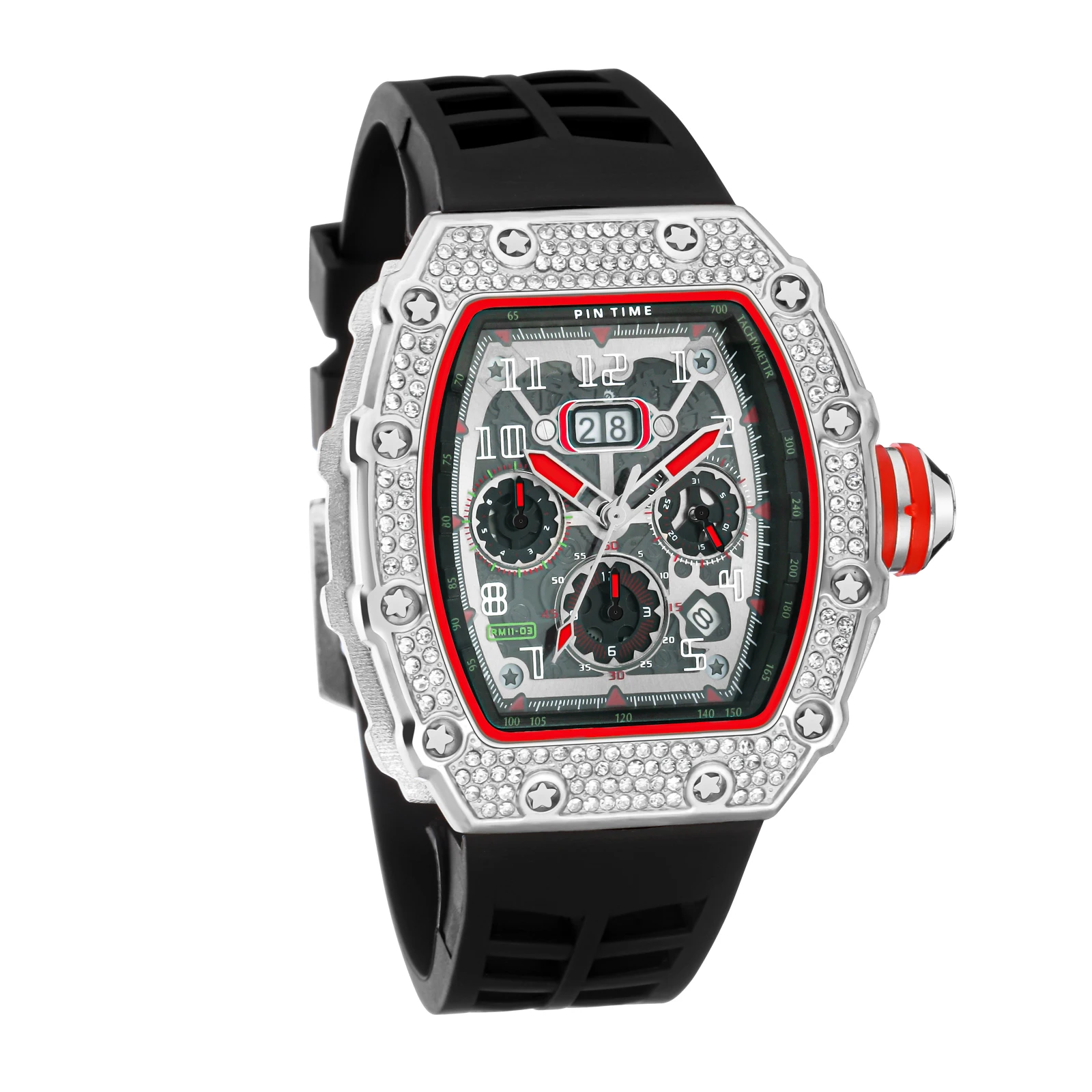 

Gypsophila Diamond Wine Barrel Men's Watch Six Needle Three Eyes Multifunctional Calendar Silicone, Black,rose gold,gold and silver