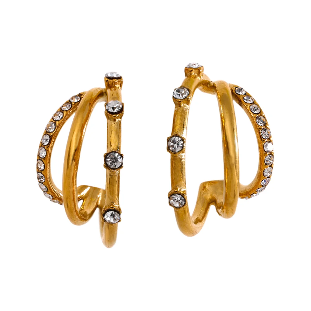 

JINYOU 2380 Delicate Bling Cubic Zirconia Stainless Steel C Shape Layered Huggie Earrings 18K PVD Trendy Jewelry for Women Gift