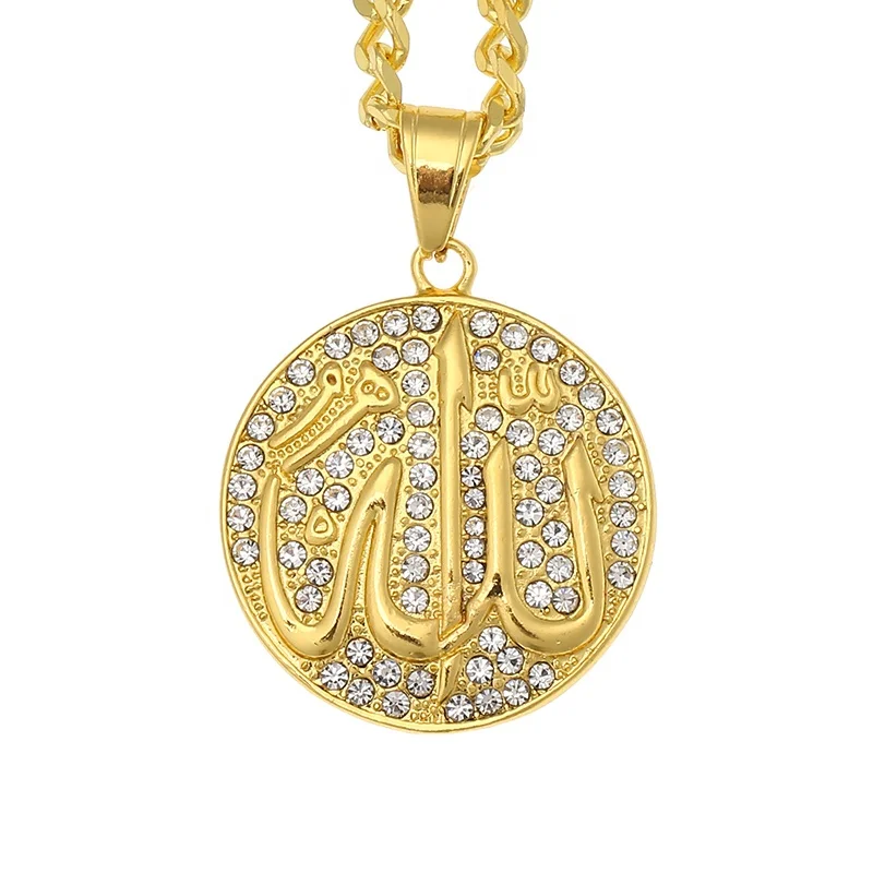 

Hip Hop Iced Out Round Allah Pendant Necklace Stainless Steel Islam Muslim Arabic Gold Color Prayer Jewelry, Gold silver