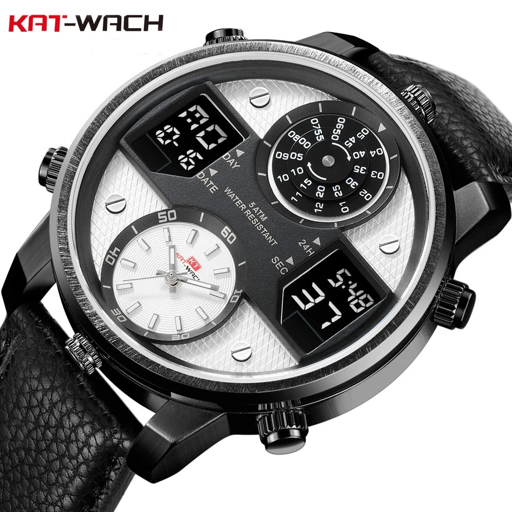 

KAT-WACH 720 Large Dial Three display time Watch Men Business Waterproof Digital Clock Mens Casual Sport Quartz Wristwatch, 4-colors