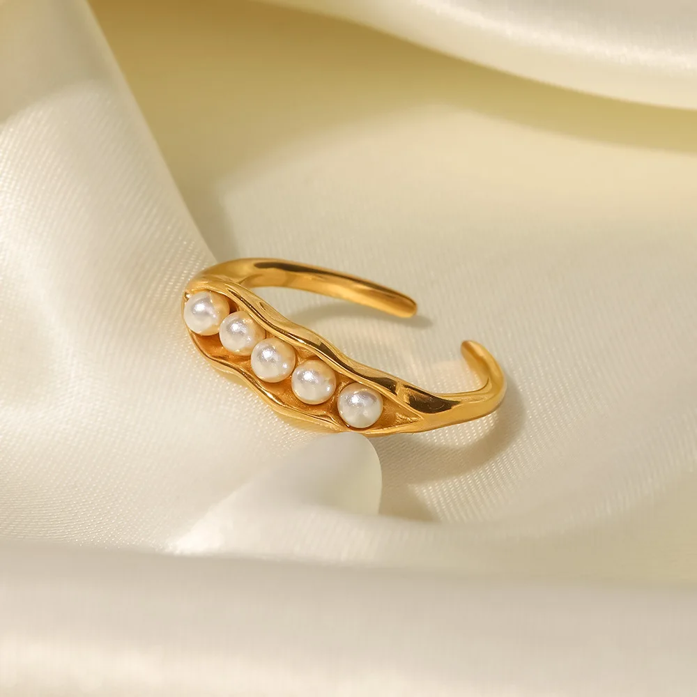 INS French 18K gold plated Stainless steel Pea Pod design White Pearl adjustable ring ladies jewelry wholesale