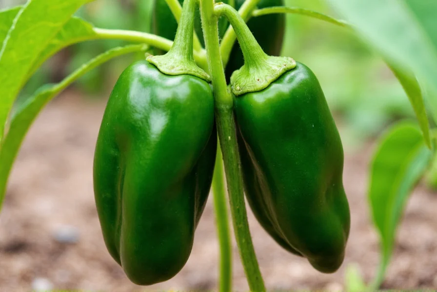 Ripe poblano peppers growing on plant in garden soil with healthy green leaves